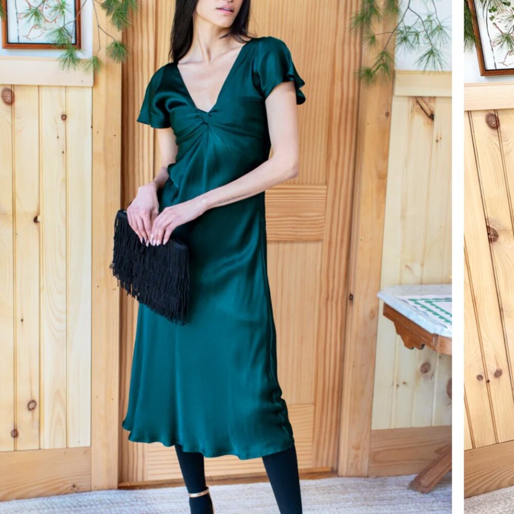 Emerson Fry Knot Front Midi Dress Botanical Green Satin size Small